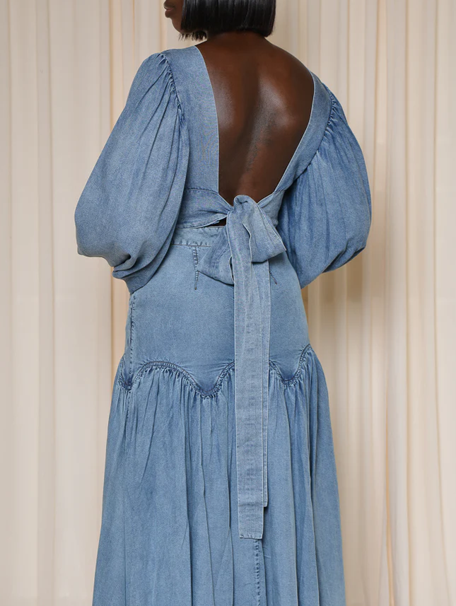 Puff-Sleeve Top + Stretch Denim Long Skirt