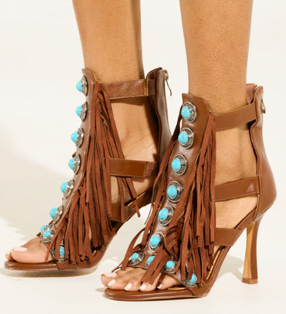 Western Style Tassel Heel Sandals