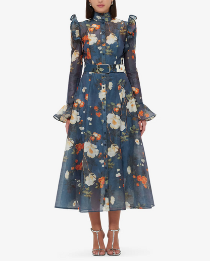 High Collared Neck Printed Ruffled Dress