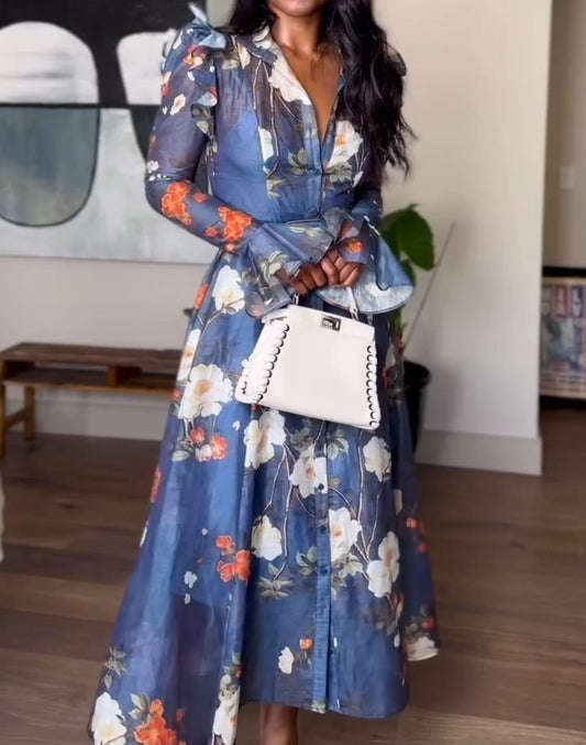 High Collared Neck Printed Ruffled Dress