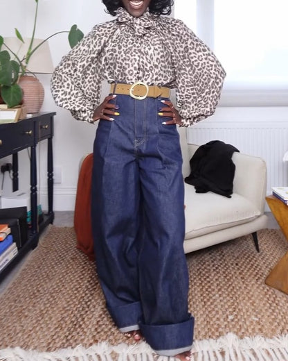 High-Waisted Straight-Leg Pleated Jeans