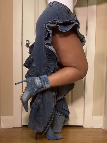 Blue Patchwork Denim Boots Pointed Toe Stiletto Booties