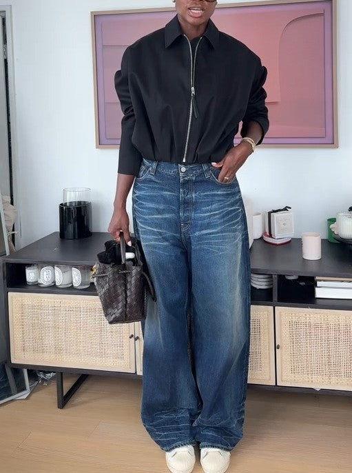 Draped  Twill Jacket+Broadway Super Wide Leg Jeans