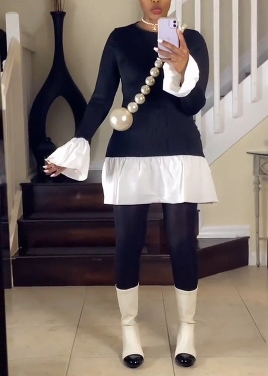 Spliced Long Sleeve Slim Flared Sleeve Dress