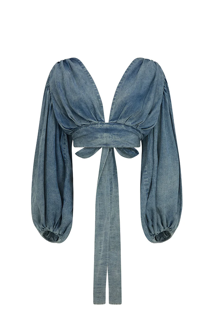 Puff-Sleeve Top + Stretch Denim Long Skirt