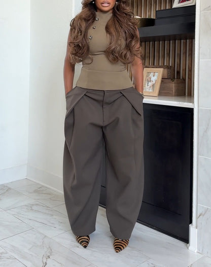 Sleeveless Button-Up Top+Pleated Ballon Pants