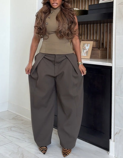 Sleeveless Button-Up Top+Pleated Ballon Pants
