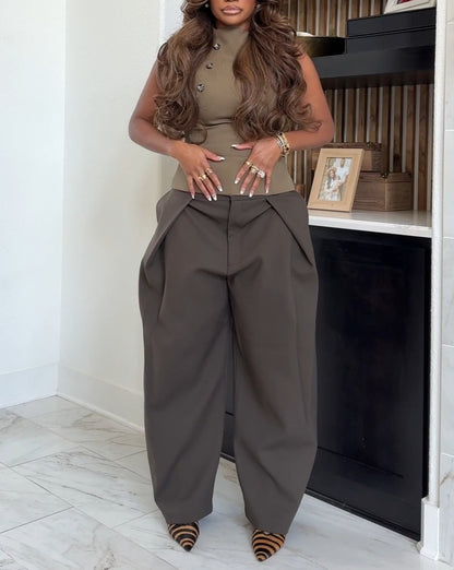 Sleeveless Button-Up Top+Pleated Ballon Pants